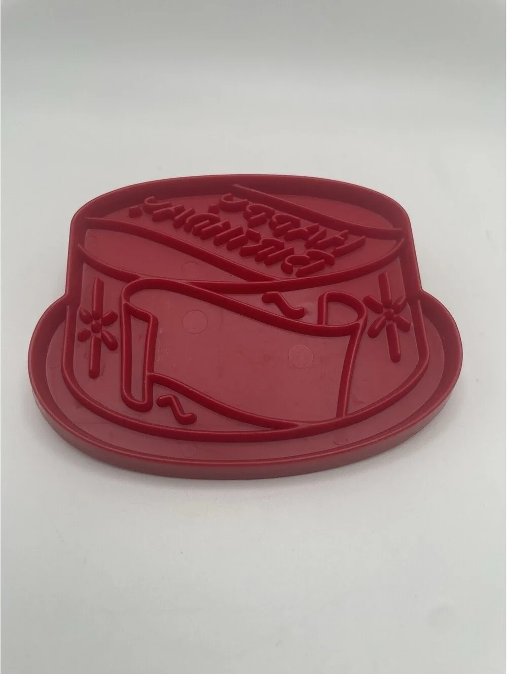 Vintage TUPPERWARE Happy Birthday Cookie Cutter IMPRESSION Red Plastic w/ Handle